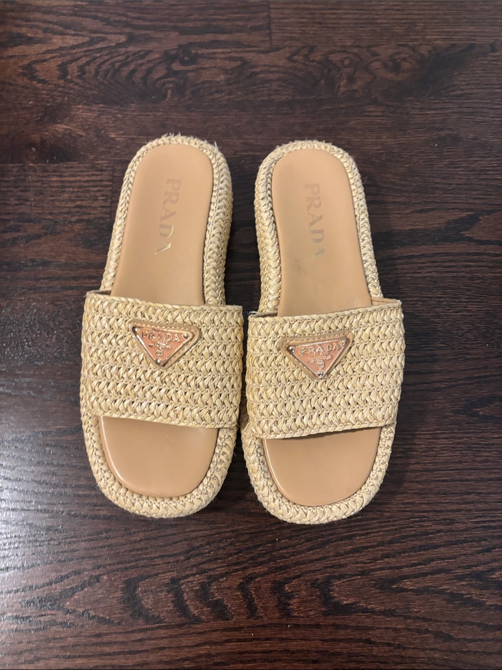 Prada Natural Raffia Slide Mules with Logo Plaque